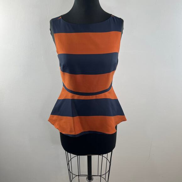 Banana Republic Navy Orange Peplum Top Rugby Striped Boat Neck Sleeveless Size 4 - Picture 2 of 7